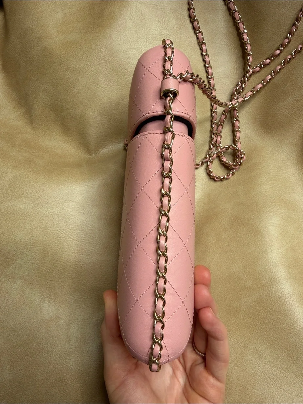 CHANEL Pink Quilted Crossbody Phone Pouch with Chain